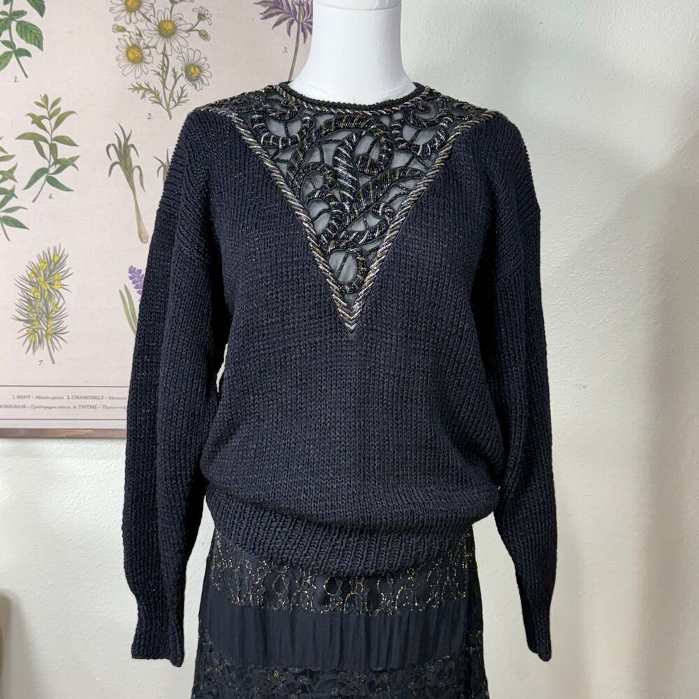 Vintage 80s Hand Knit Sheer Beaded Neck Sweater Witchy Whimsigoth Dark Fairy S